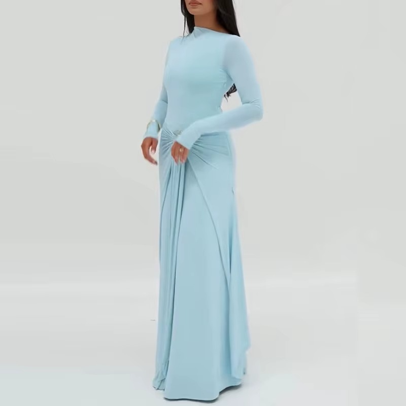 Solenza Draped Maxi Dress with Ruched Neck and Brooch Waist – Long Sleeve Evening Gown for Formal Events and Parties
