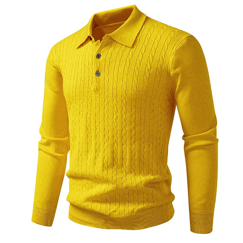 Mens Textured Knit Polo Jumper – Cable Knit Long Sleeve Pullover with Button Neck