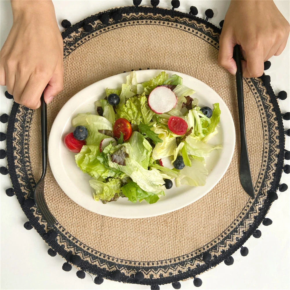 Boho Jute Round Placemats with Tassels – 38cm Natural Woven Table Mats for Rustic Dining & Home Decor