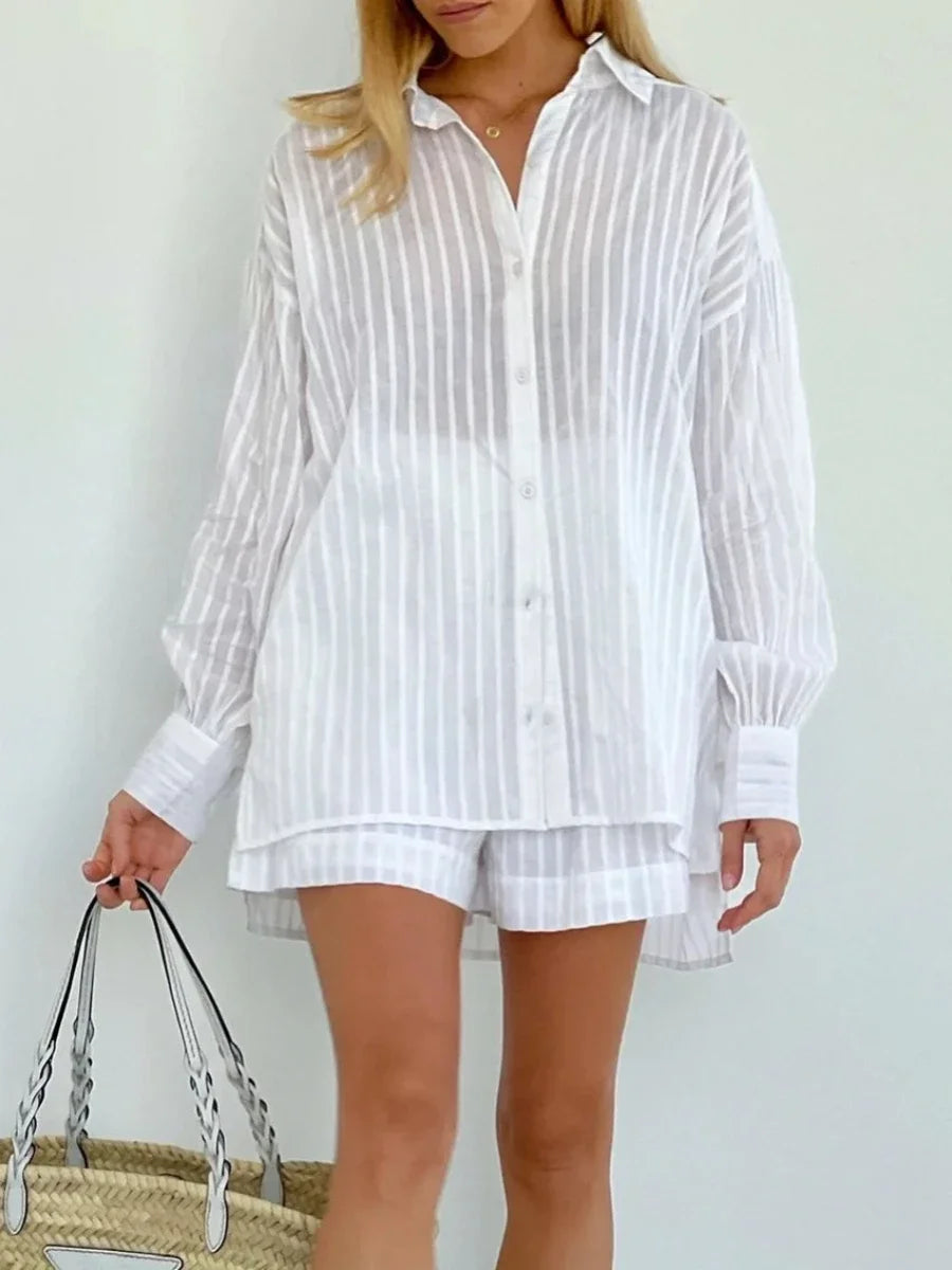 Aven White Cotton Stripe Shirt & Shorts Set – Lightweight Co-Ord Summer Outfit for Women