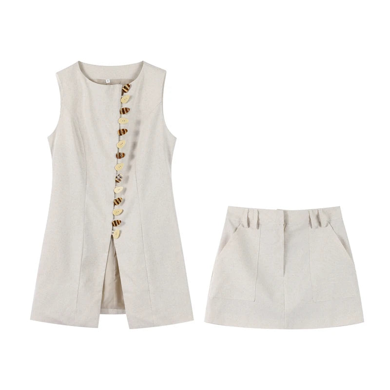 Maris Asymmetric Button Co-ord Set – Sleeveless Vest & Mini Skirt Two-Piece in Natural Beige