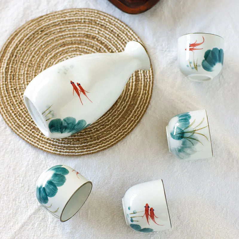 Mizuhana Japanese Sake Set – 5-Piece Ceramic Bottle & Cup Gift Set for Home Bar, Soju or Wine Serving