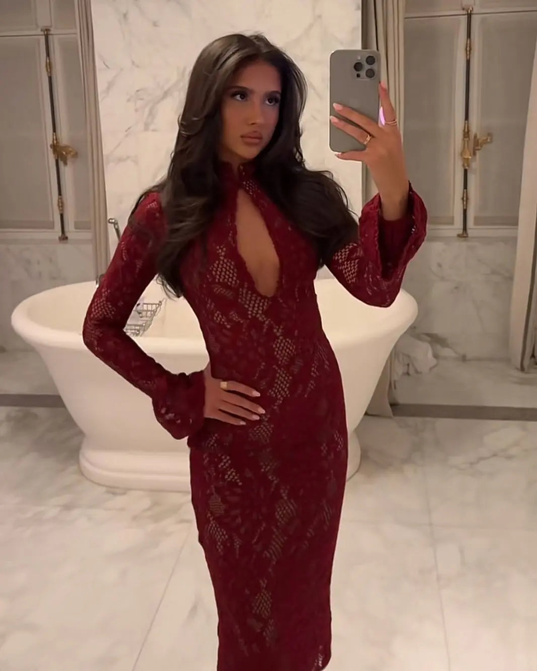 Lunetta Black Lace Midi Dress – Flared Sleeve High Neck Bodycon Sheer Floral Overlay in Red or Black