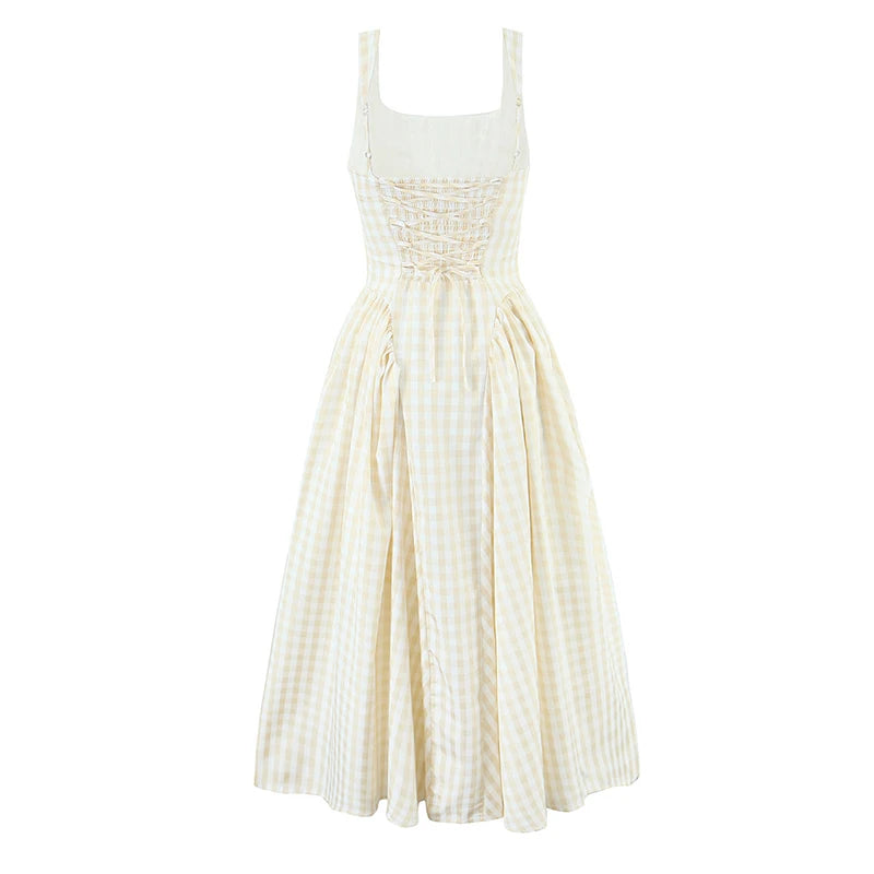 Soleina Pink or Yellow Gingham Midi Dress – Pretty Summer Day Dress with Fitted Bodice and Full Skirt