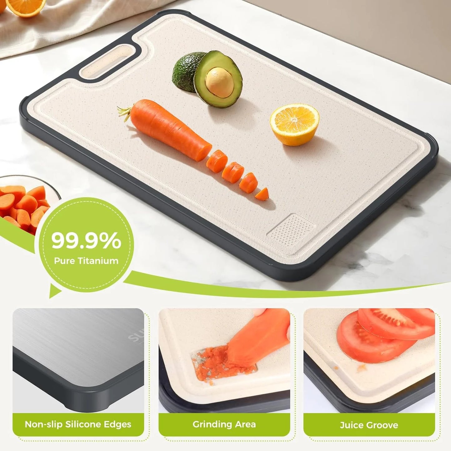 Titanium Double-Sided Cutting Board with Handle – Non-Slip Chopping Surface with Juice Groove & Grinding Area