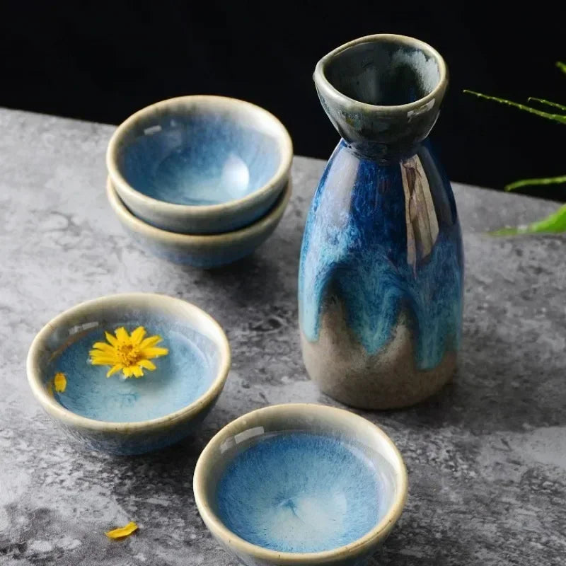 Aozora Japanese Sake Set – 5-Piece Deep Blue Ceramic Bottle & Cup Gift Set for Home Bar and Dining