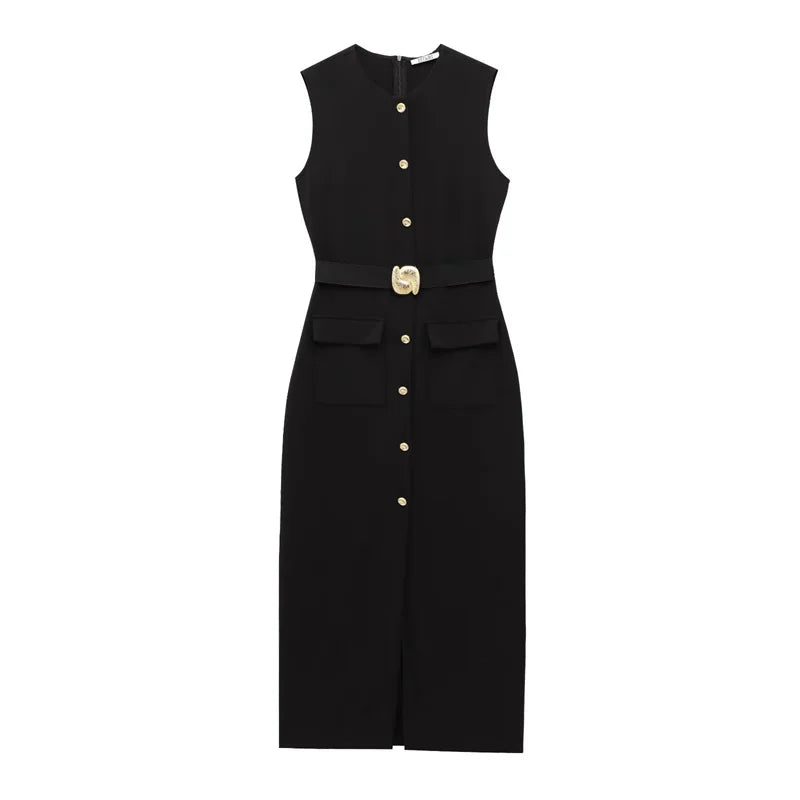 Marisse Belted Button Front Midi Dress – Sleeveless Smart Casual Dress in Black, Brown & Red Wine