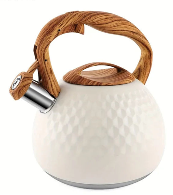 Stainless Steel Whistling Kettle – 3L Teapot with Wood-Effect Handle for Gas, Electric & Induction Hob, Available In Black, Pink, White, Beige