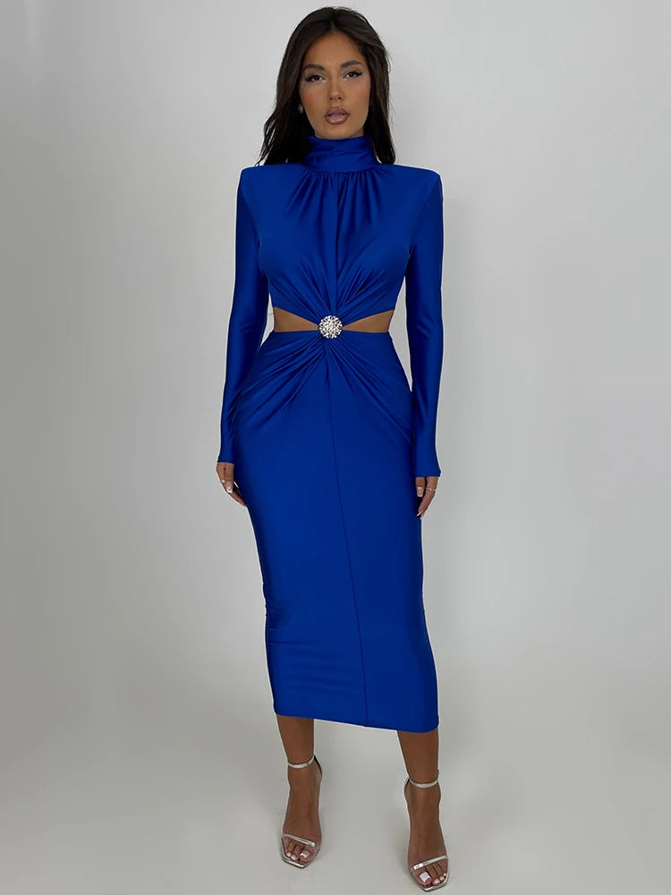 Serena Embellished Cut-Out Turtleneck Bodycon Midi Dress