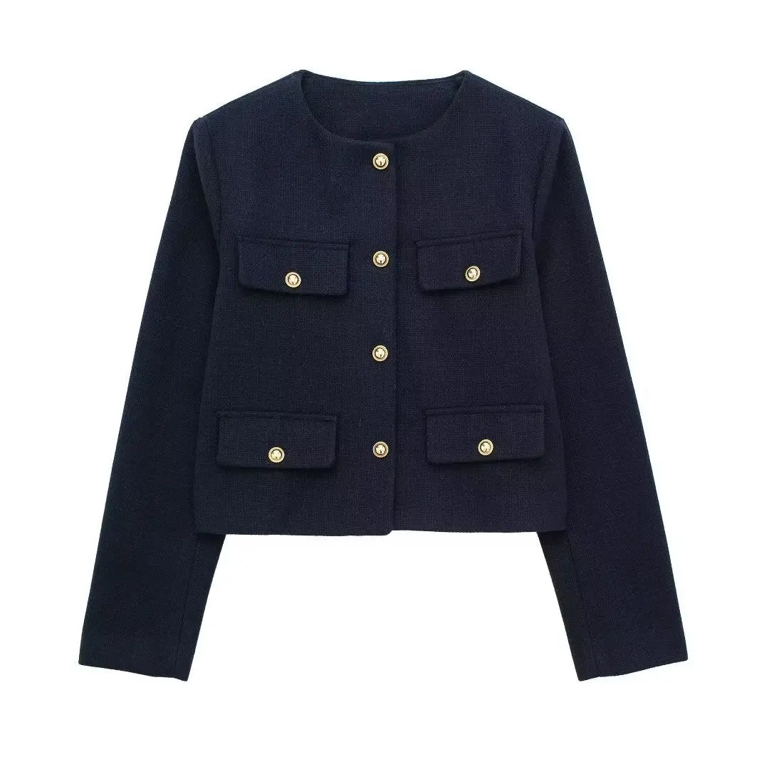 Giada Gold Button Pocket Jacket – Tailored Cropped Blazer-Style Spring Jacket in Cream, Black, Red, Beige & More