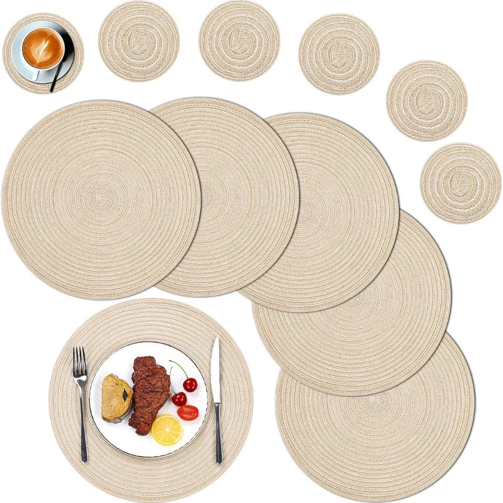 Woven Round Placemats and Coasters Set – 6-Piece Dining Table Mats