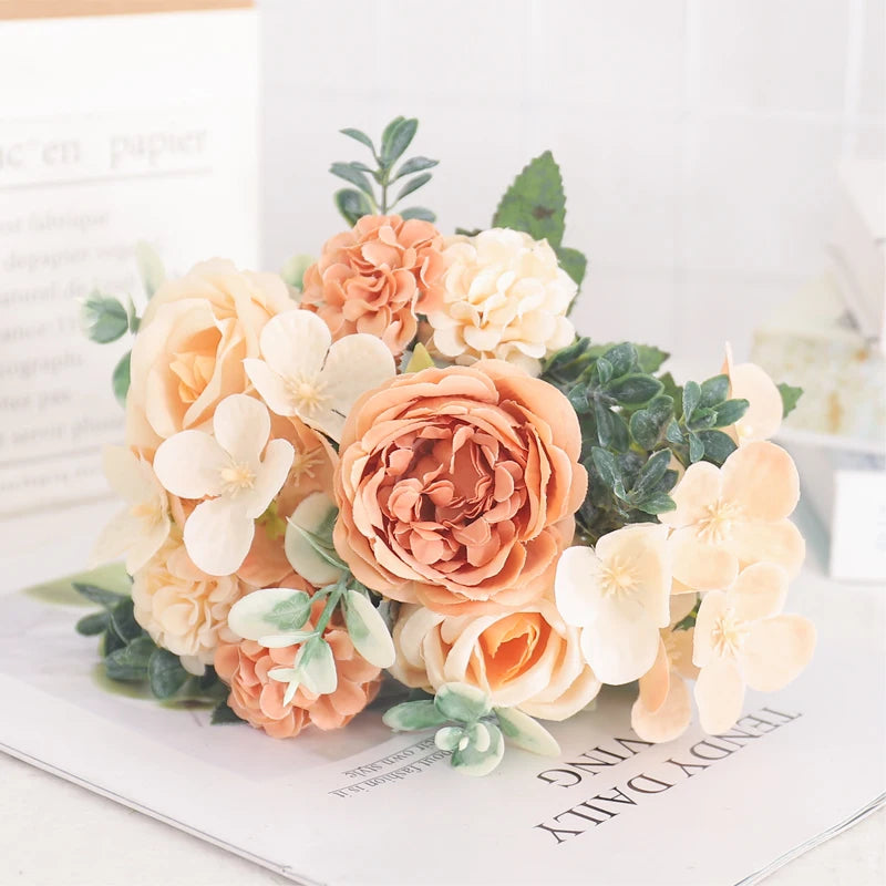 Blush Rose & Hydrangea Flower Bouquet – Pink Faux Floral Centrepiece for Home Decor