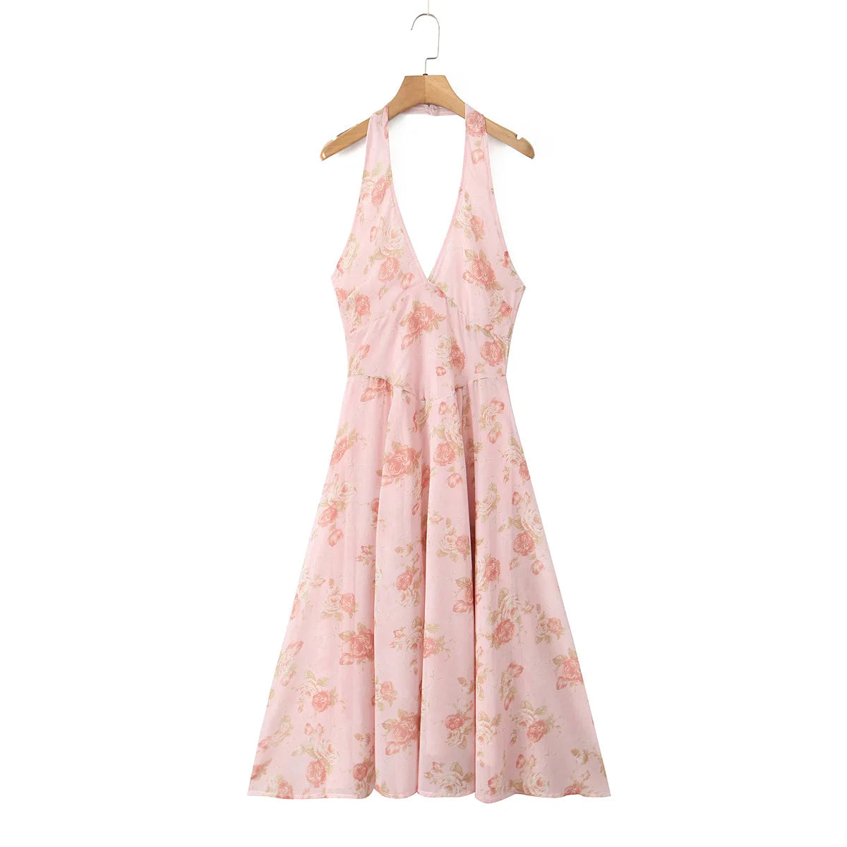 Elviera Pink Floral Halterneck Midi Dress – Plunge Neck Backless Summer Occasion Dress