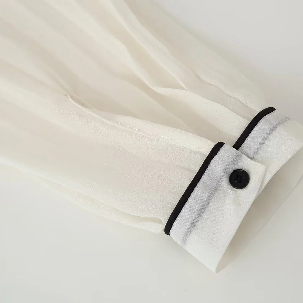 Renelle Pleated Long Sleeve Shirt Dress – White Belted Midi Dress with Black Contrast Trim