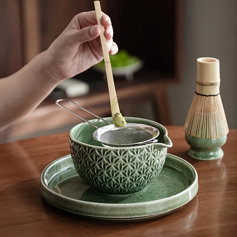 Green Matcha Tea Set with Ceramic Whisk Bowl & Accessories – 2/5/6 Piece Traditional Japanese Style Matcha Making Kit