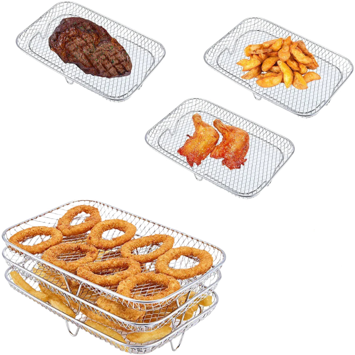 3-Piece Stackable Mesh Cooking & Baking Trays – Stainless Steel Cooking, Baking, Grilling and Cooling Racks