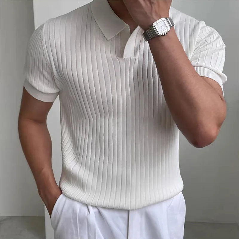 Men’s White Knitted Polo Shirt – Slim Fit Ribbed Short Sleeve Top