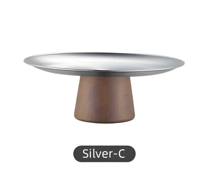 Stainless Steel Cake Stand with Wooden Base – Gold & Silver Display Riser for Dessert Tables, Weddings & Parties