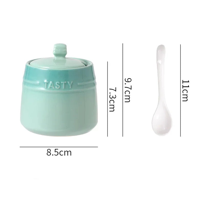 Ceramic Sugar/ Spice Bowl with Lid & Spoon – 1 Piece Colourful Kitchen Condiment Jar for Sugar, Salt & Spices