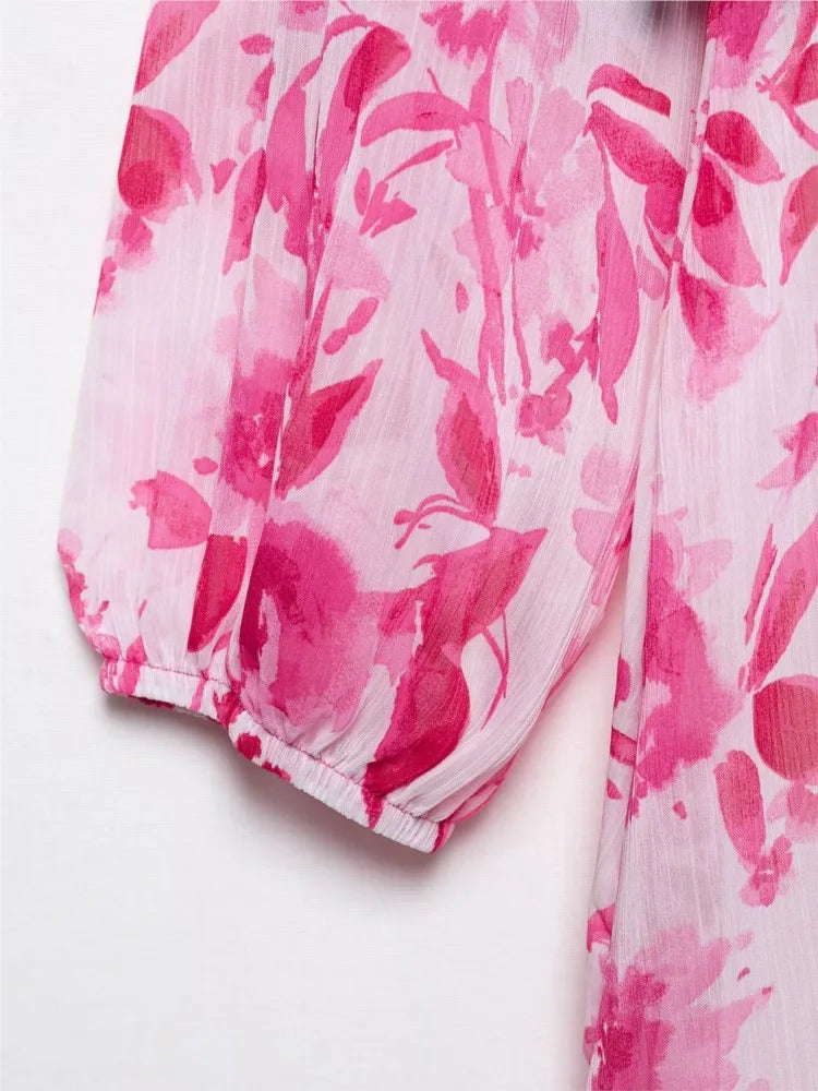 Sarella Ruffle Belted Midi Dress – Pink Floral V-Neck Long Sleeve Occasion Dress