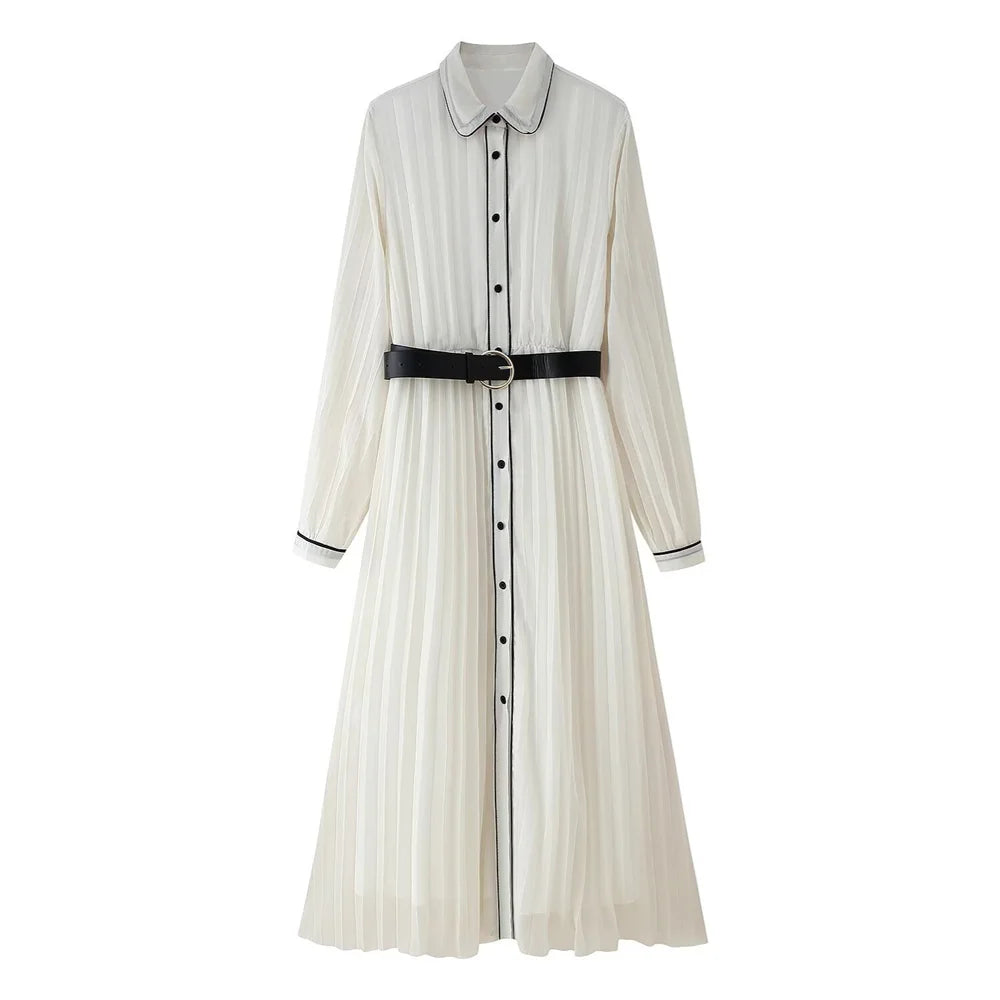 Renelle Pleated Long Sleeve Shirt Dress – White Belted Midi Dress with Black Contrast Trim