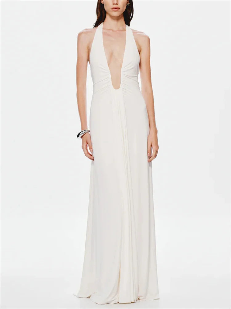 Savina Halterneck Plunge Ruched Maxi Dress – White, Chocolate Brown, Lilac, Silver & Black Summer Occasion Dress