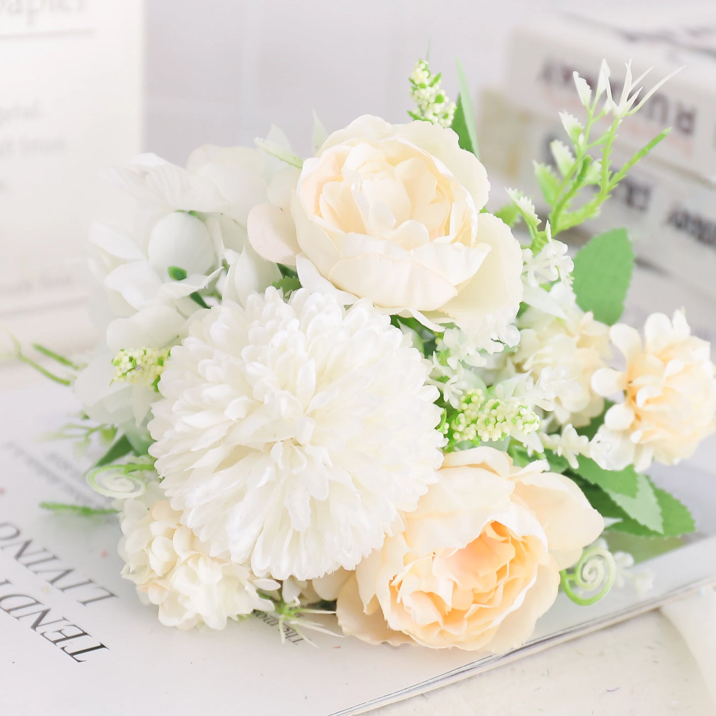 Blush Rose & Hydrangea Flower Bouquet – Pink Faux Floral Centrepiece for Home Decor