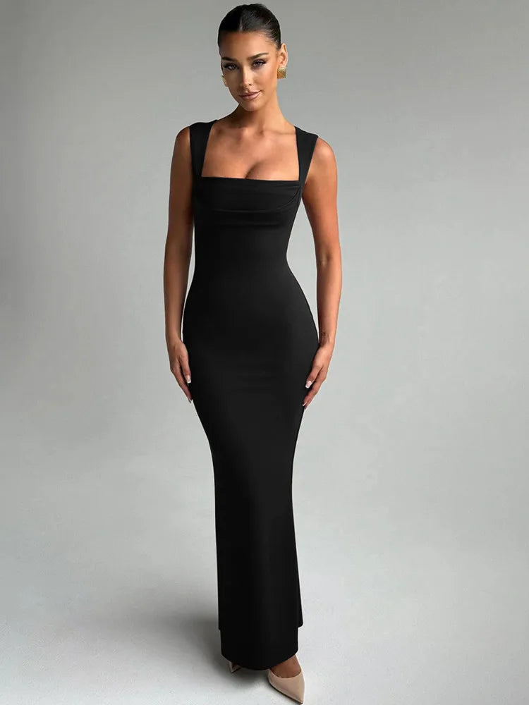 Marzelle Square Neck Bodycon Maxi Dress – Black or Claret Red Sculpting Evening Dress