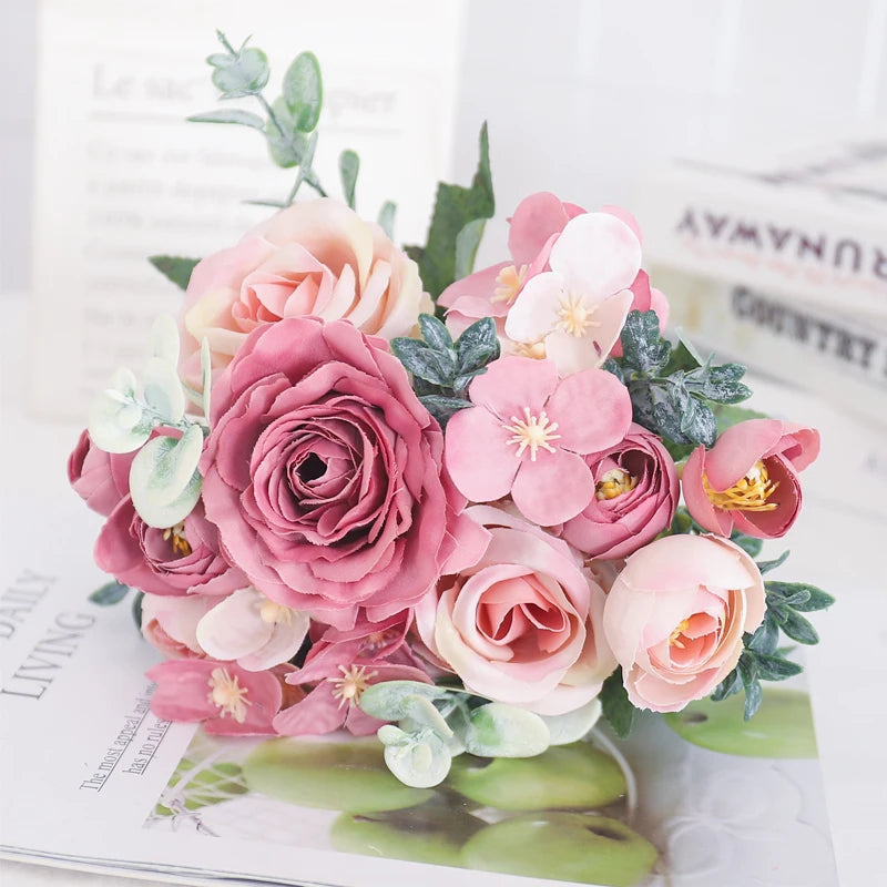Blush Rose & Hydrangea Flower Bouquet – Pink Faux Floral Centrepiece for Home Decor