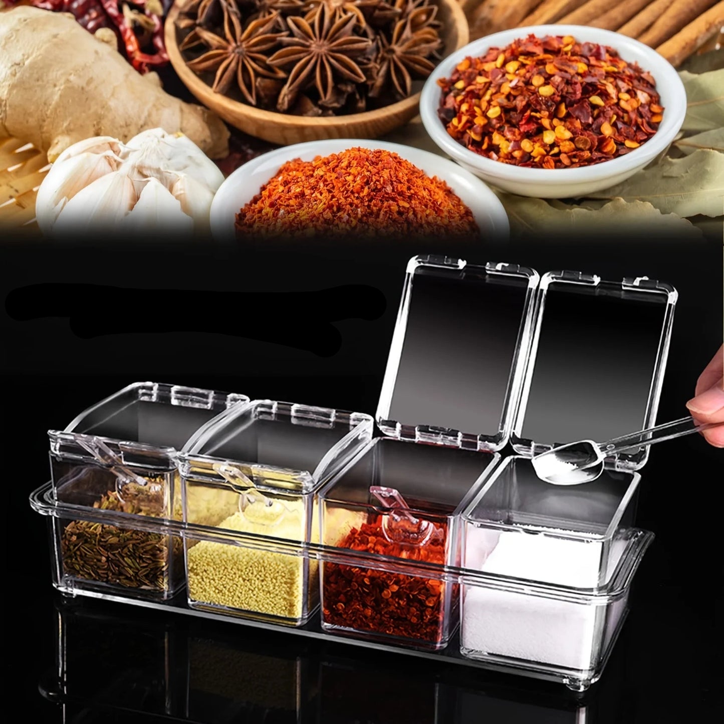 Transparent Spice Container Box With Spoon – 4 Compartment Seasoning Organizer For Kitchen Storage