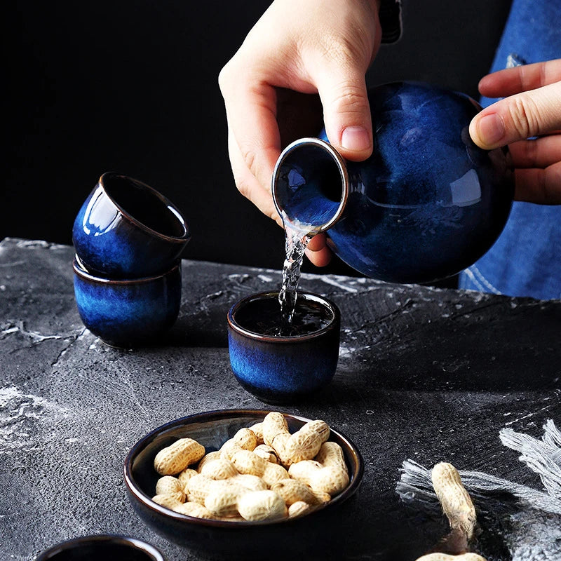 Midnight Azure Sake Set – 5-Piece Japanese Ceramic Carafe & Cup Set for Home Bar & Gift