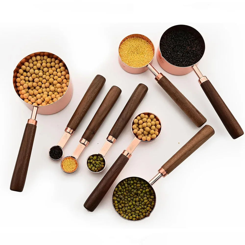 Rose Gold Measuring Cups and Spoons Set – Stainless Steel with Wooden Handles for Baking & Cooking