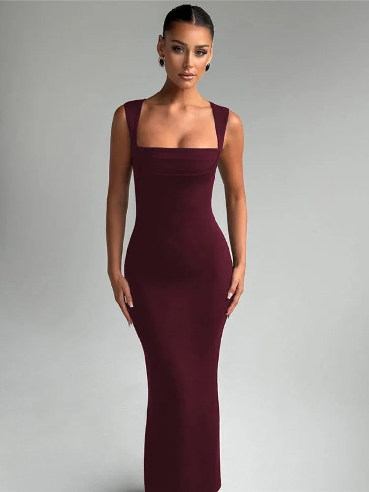 Marzelle Square Neck Bodycon Maxi Dress – Black or Claret Red Sculpting Evening Dress