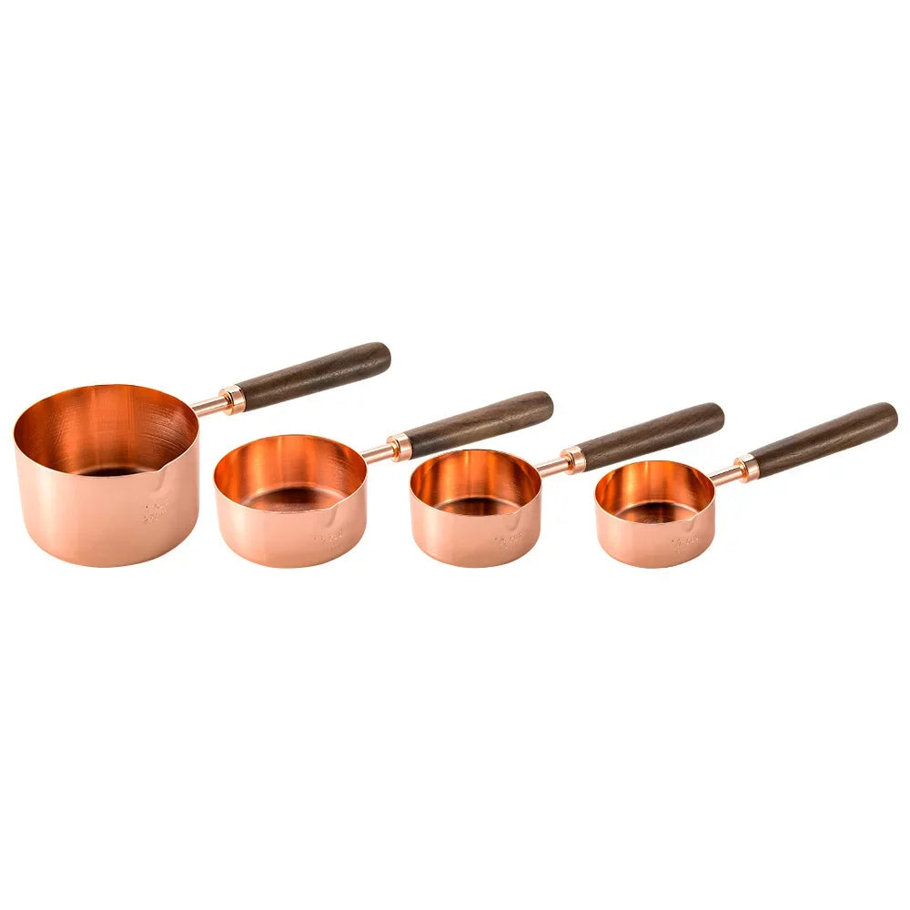 Rose Gold Measuring Cups and Spoons Set – Stainless Steel with Wooden Handles for Baking & Cooking