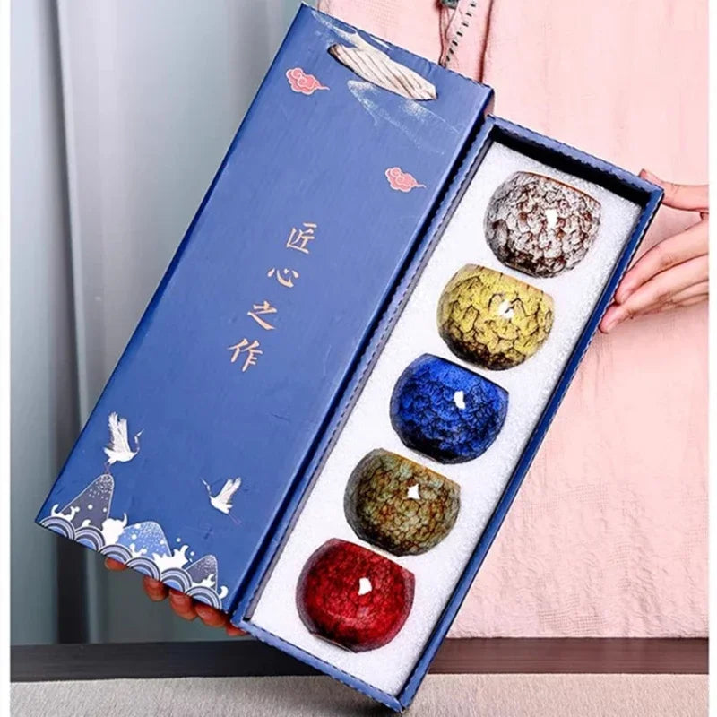 Traditional Ceramic Tea Cup Gift Set – 5 Assorted Glazed Cups in Decorative Gift Box