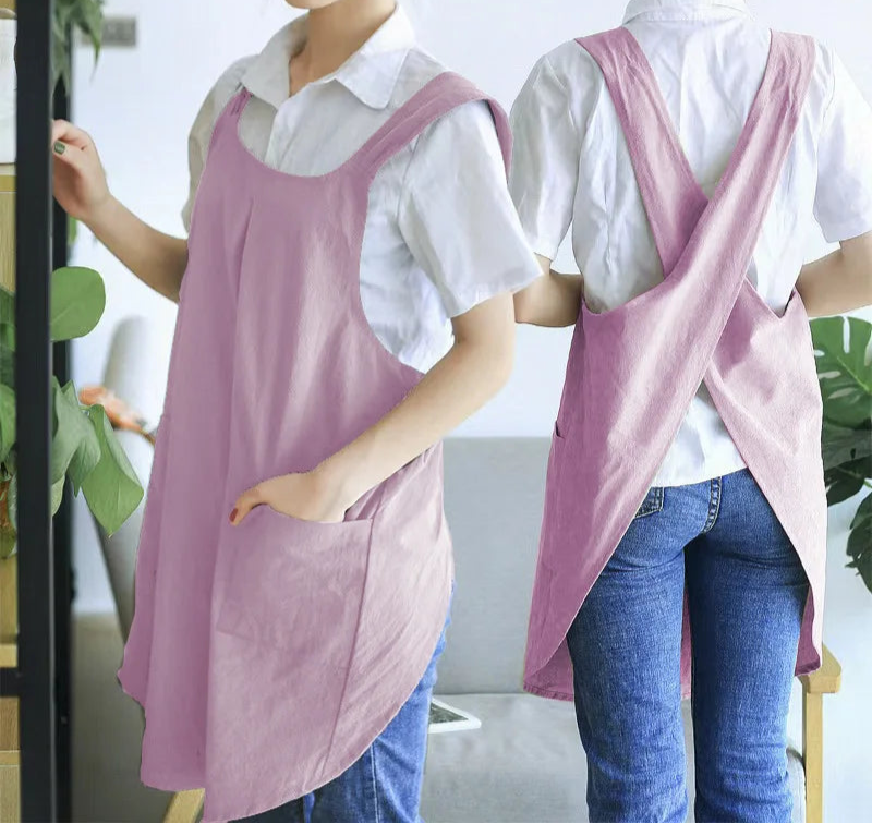 Cross Back Apron for Women – Japanese Style Pinafore Apron with Pockets for Cooking, Gardening & Crafts