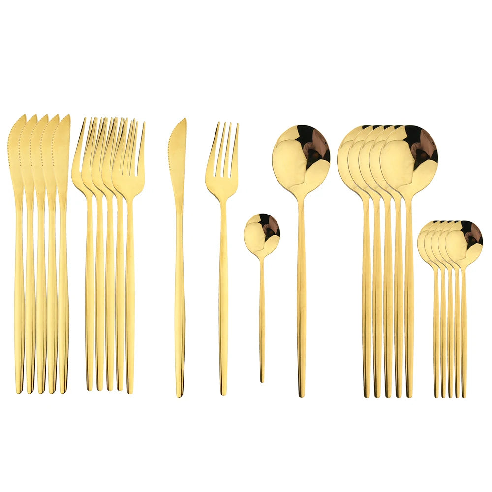 24-Piece Stainless Steel Cutlery Set – Luxury Knife, Fork, Spoon & Teaspoon Flatware Set with Gift Box – Black, Gold, Silver & Mixed Colours