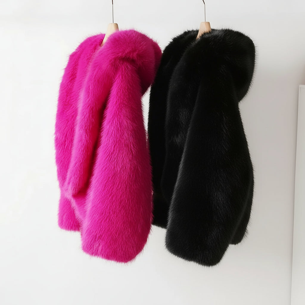 Vossara Hooded Plush Faux Fur Coat – Women’s Luxury Oversized Winter Jacket for Daywear and Evening Partywear