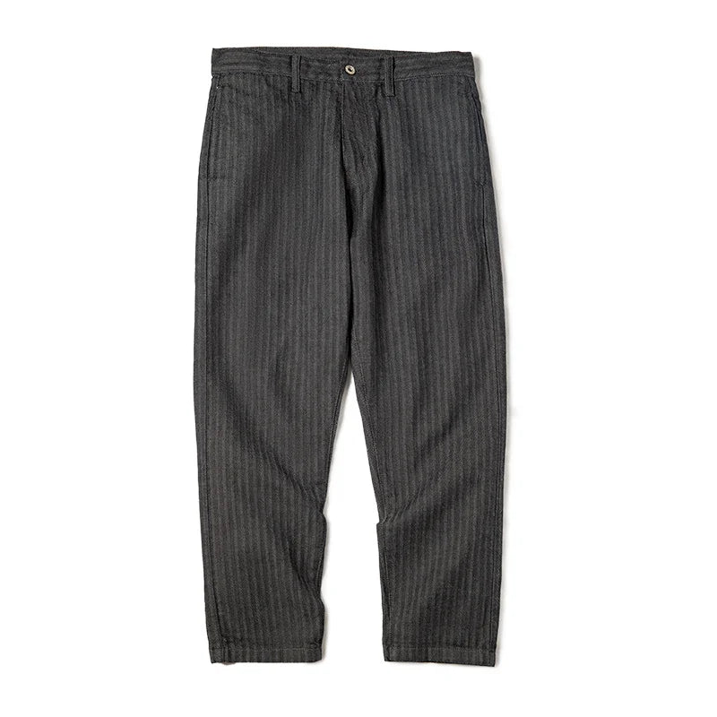 Grey Striped Herringbone Straight Leg Trousers – Smart Casual Zip Fly Men’s Jeans with Pockets
