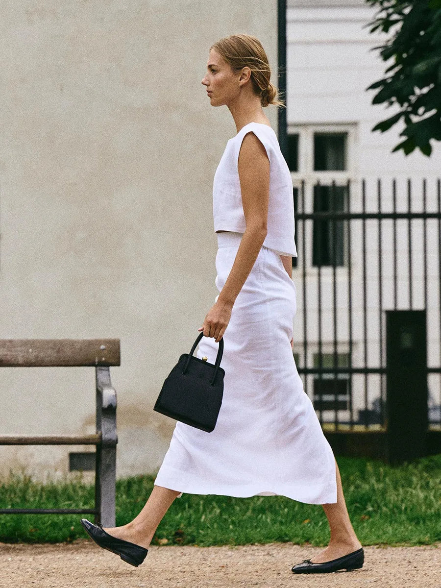 Calais White Sleeveless Crop Top & Midi Skirt Co-Ord – Minimalist Linen Two-Piece Set for Summer Holiday & Occasionwear