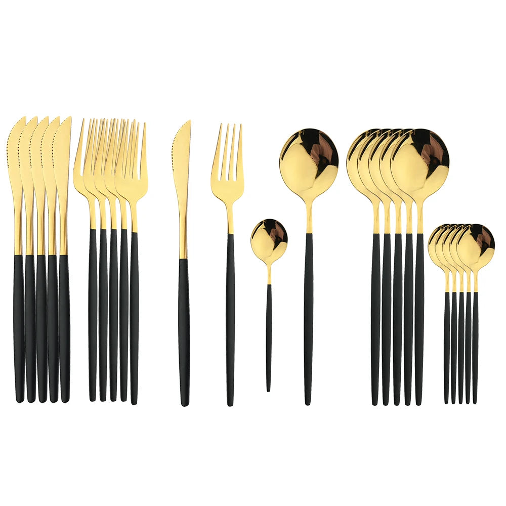 24-Piece Stainless Steel Cutlery Set – Luxury Knife, Fork, Spoon & Teaspoon Flatware Set with Gift Box – Black, Gold, Silver & Mixed Colours