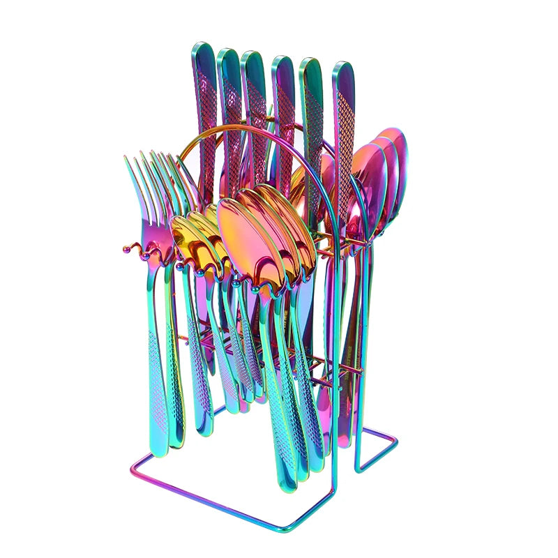 24-Piece Stainless Steel Cutlery Set with Stand – Gold & Silver Knife, Fork, Spoon Flatware Set for Dining