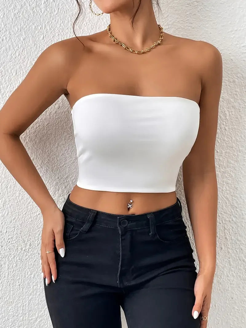 Lina Seamless Bandeau Crop Tops – Strapless Stretch Tube Tops in Pink, Green, Brown & More