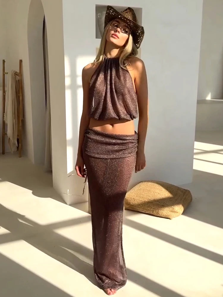 Solana Metallic Knit Two Piece Co-Ord Set – Sheer Halterneck Crop Top & Maxi Skirt Holiday Beach Outfit