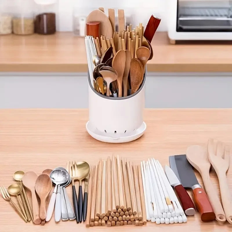 Utensil Holder with Draining Base – Large Cutlery Organiser for Kitchen Spoons, Forks & Knives
