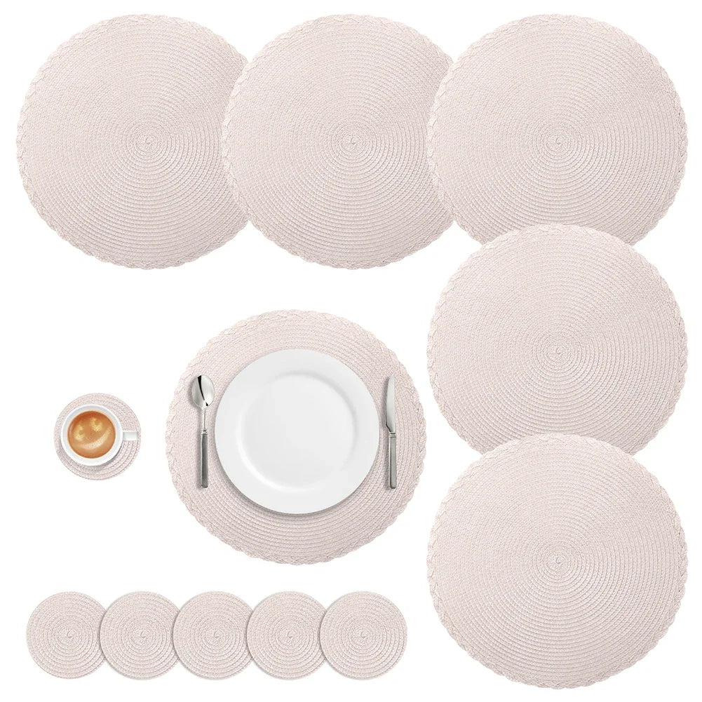Woven Round Placemats and Coasters Set – 6-Piece Dining Table Mats