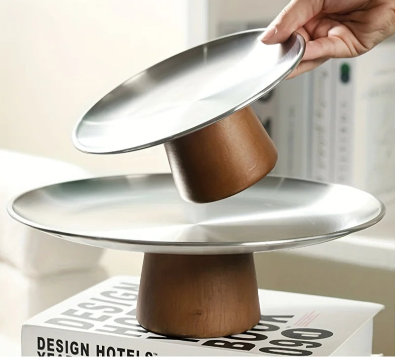 Stainless Steel Cake Stand with Wooden Base – Gold & Silver Display Riser for Dessert Tables, Weddings & Parties