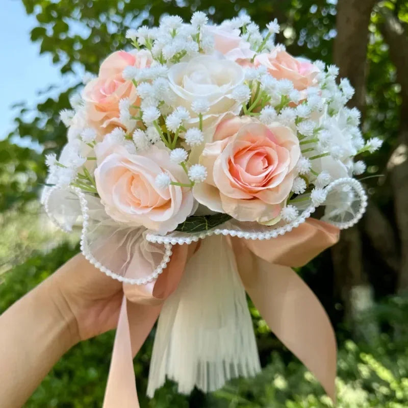 Elodie Peach and Ivory Rose Bridal Bouquet – Wedding Flowers with Pearl Trim