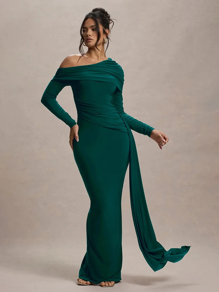 Aurelle Asymmetric Off-Shoulder Bodycon Maxi Dress – Ruched Summer Occasion Dress in Burgundy, Black or Green