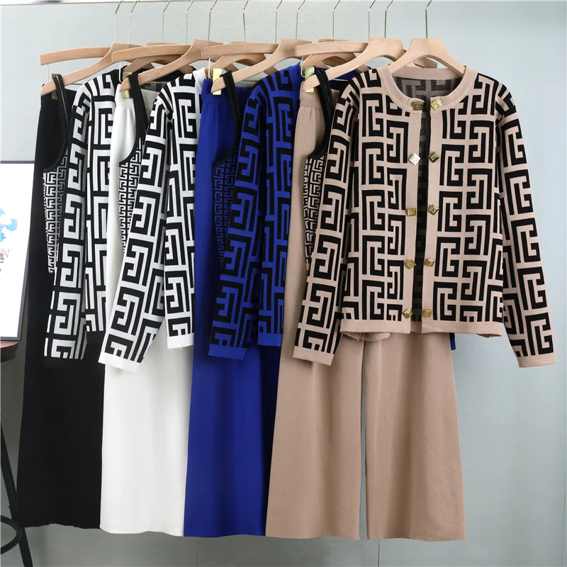 Bold 3-Piece Knit Co-ord Set with Geometric Pattern & Gold Buttons